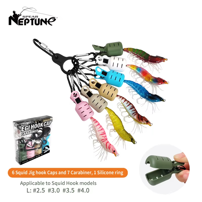 Fishing Lure Kit - 6-teiliges Set bunter Tintenfisch-Jig-Haken-Schutzkappen mit Karabiner,